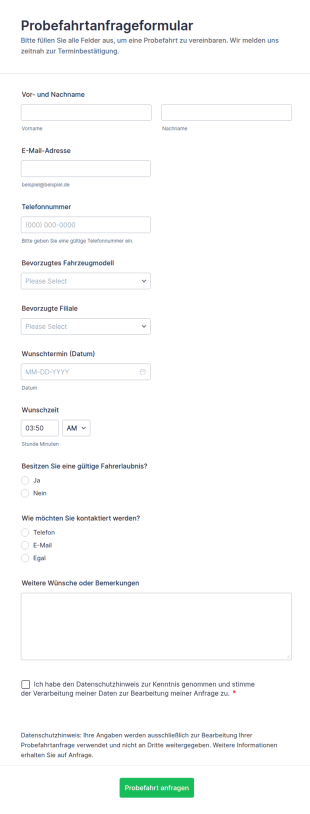 Probefahrtanfrage Formular