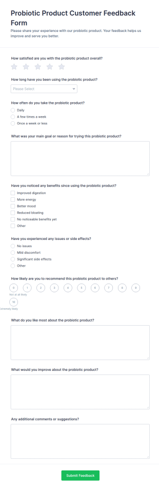 Probiotic Product Customer Feedback Form Template