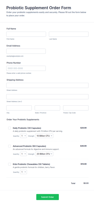 Probiotic Supplement Order Form Template