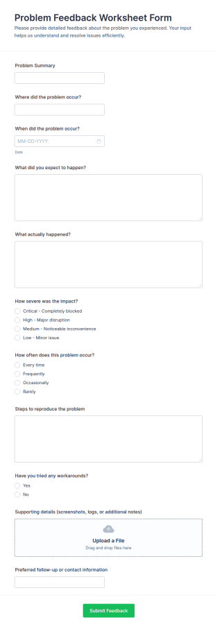 Problem Feedback Worksheet Form Template