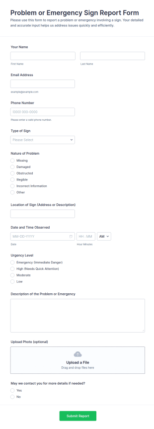 Problem Or Emergency Sign Report Form Template