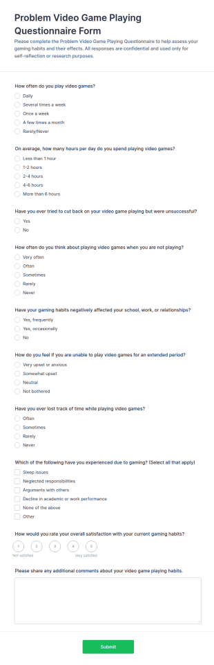 Problem Video Game Playing Questionnaire Form Template