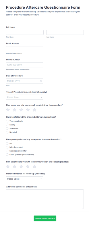 Procedure Aftercare Questionnaire Form Template