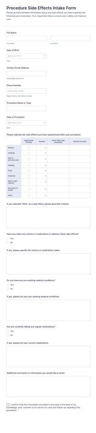 Procedure Side Effects Intake Form Template