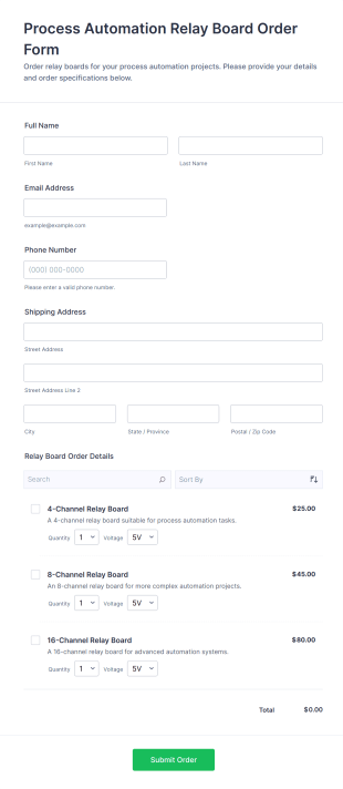Process Automation Relay Board Order Form Template