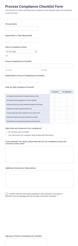 Process Compliance Checklist Form Template