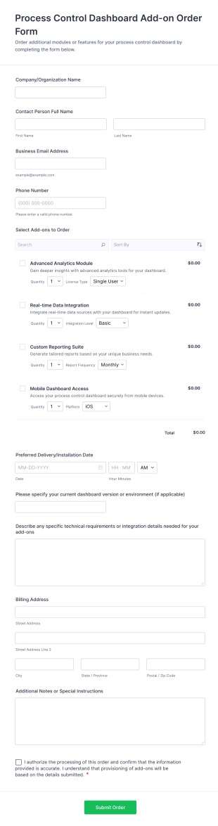 Process Control Dashboard Add On Order Form Template