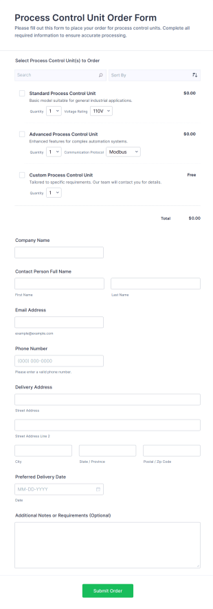 Process Control Unit Order Form Template