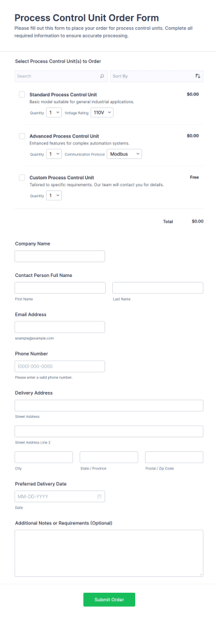 Process Control Unit Order Form Template