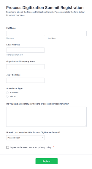 Process Digitization Summit Registration Form Template