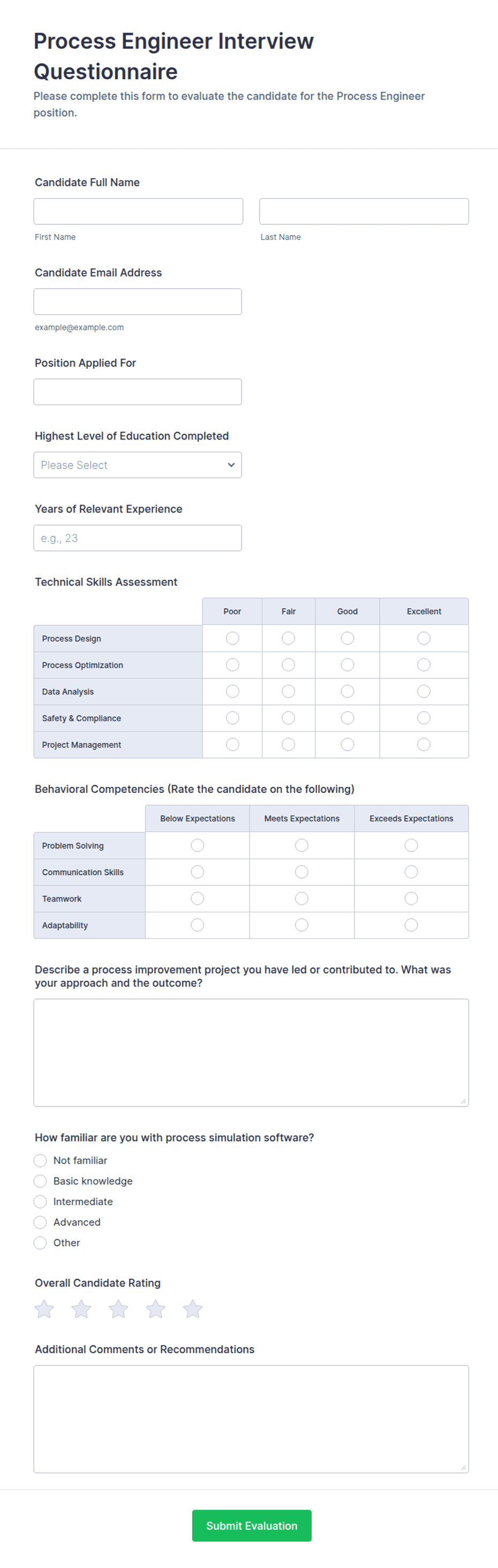 Process Engineer Interview Questionnaire Form Template | Jotform