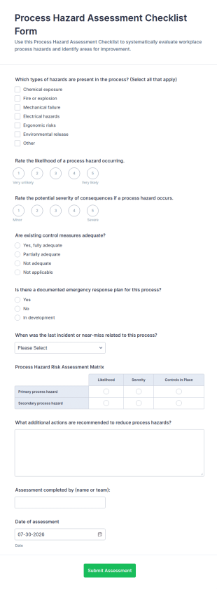 Process Hazard Assessment Checklist Form Template