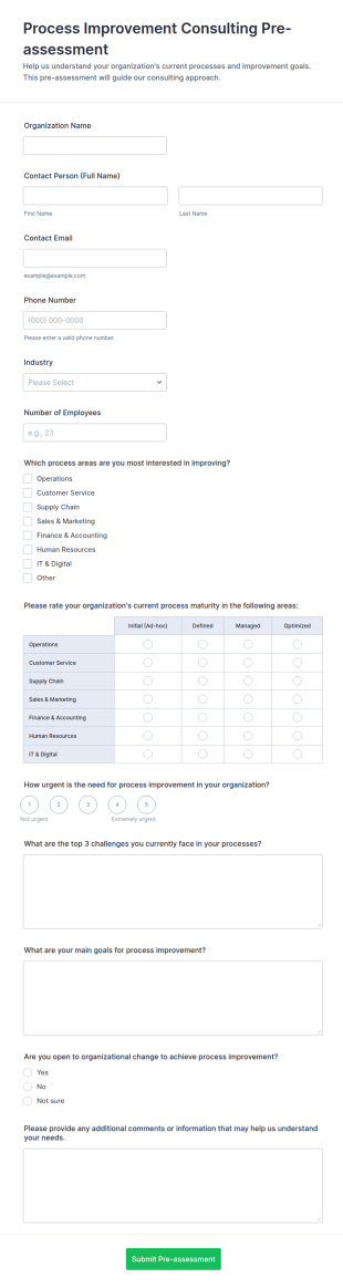 Process Improvement Consulting Pre Assessment Form Template