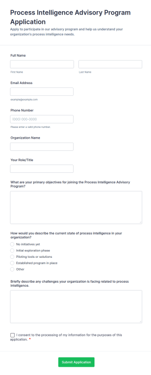 Process Intelligence Advisory Program Application Form Template