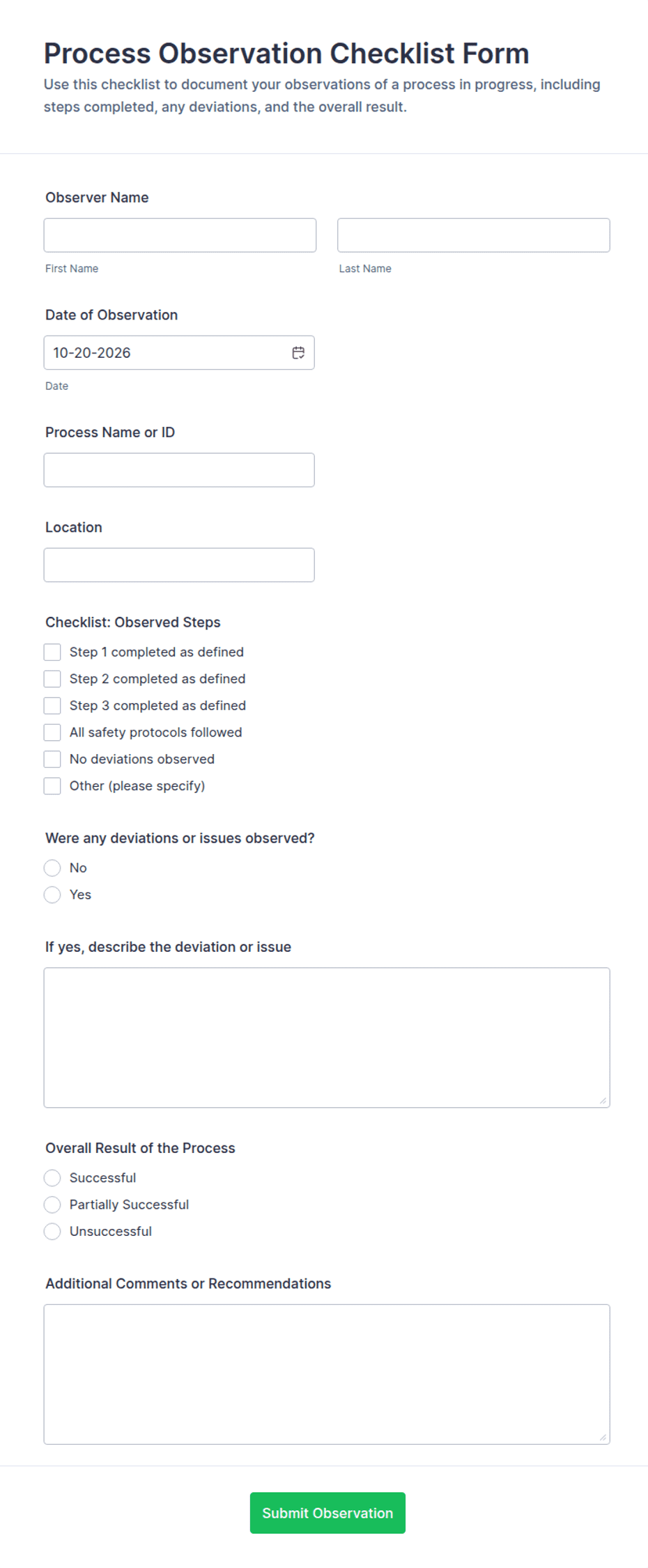 Process Observation Checklist Form Template | Jotform
