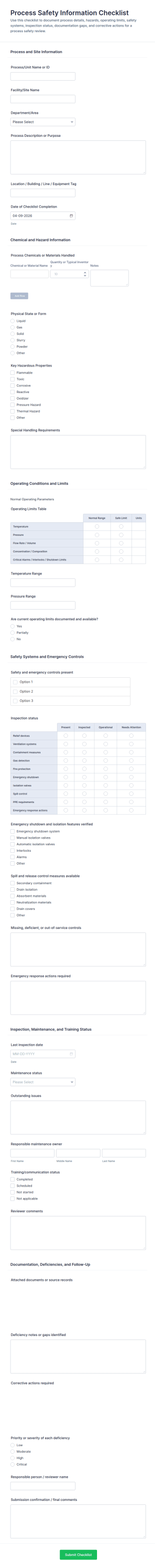 Process Safety Information Checklist Form Template