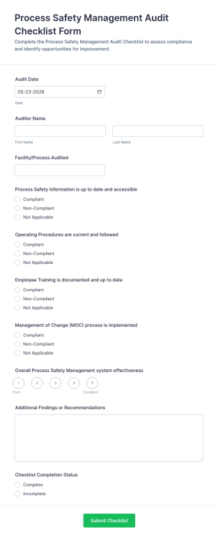 Process Safety Management Audit Checklist Form Template