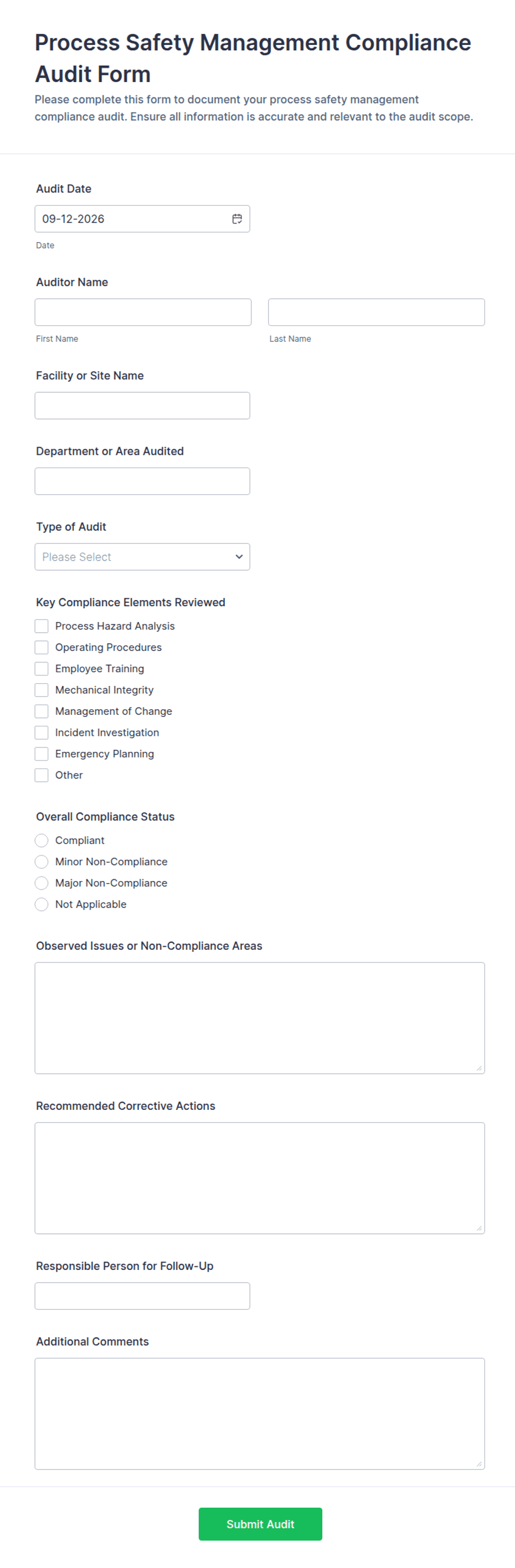 Process Safety Management Compliance Audit Form Template | Jotform