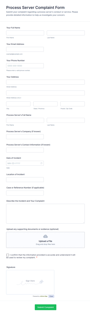 Process Server Complaint Form Template