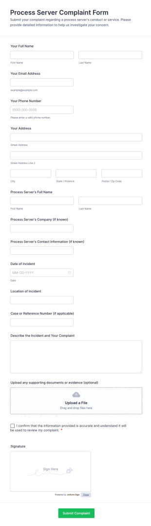 Process Server Complaint Form Template