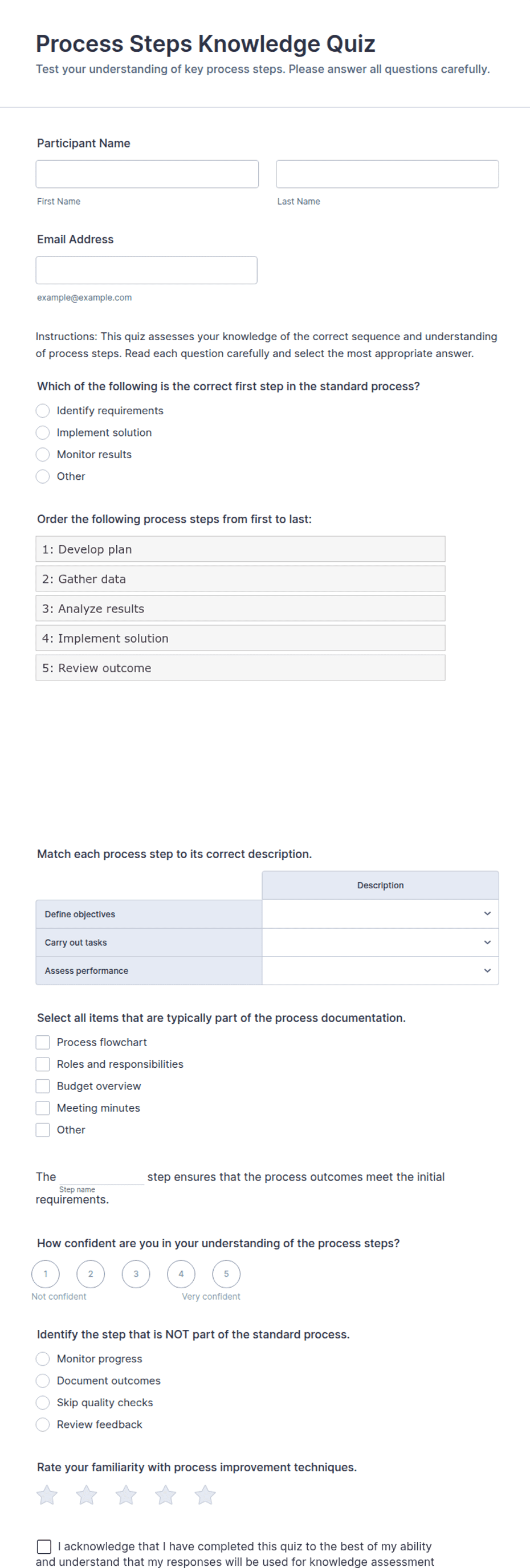 Process Steps Knowledge Quiz Form Template | Jotform