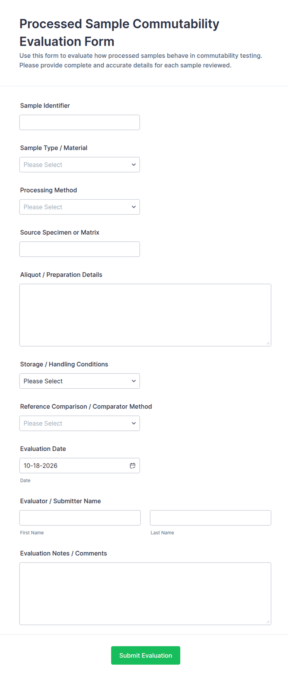 Processed Sample Commutability Evaluation Form Template | Jotform