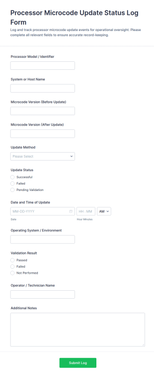 Processor Microcode Update Status Log Form Template