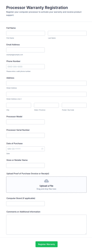 Processor Warranty Registration Form Template