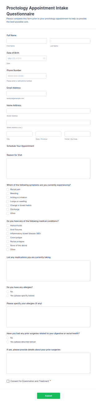 Proctology Appointment Intake Questionnaire Form Template