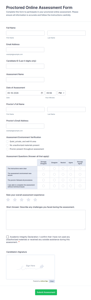 Proctored Online Assessment Form Template