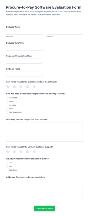 Procure To Pay Software Evaluation Form Template