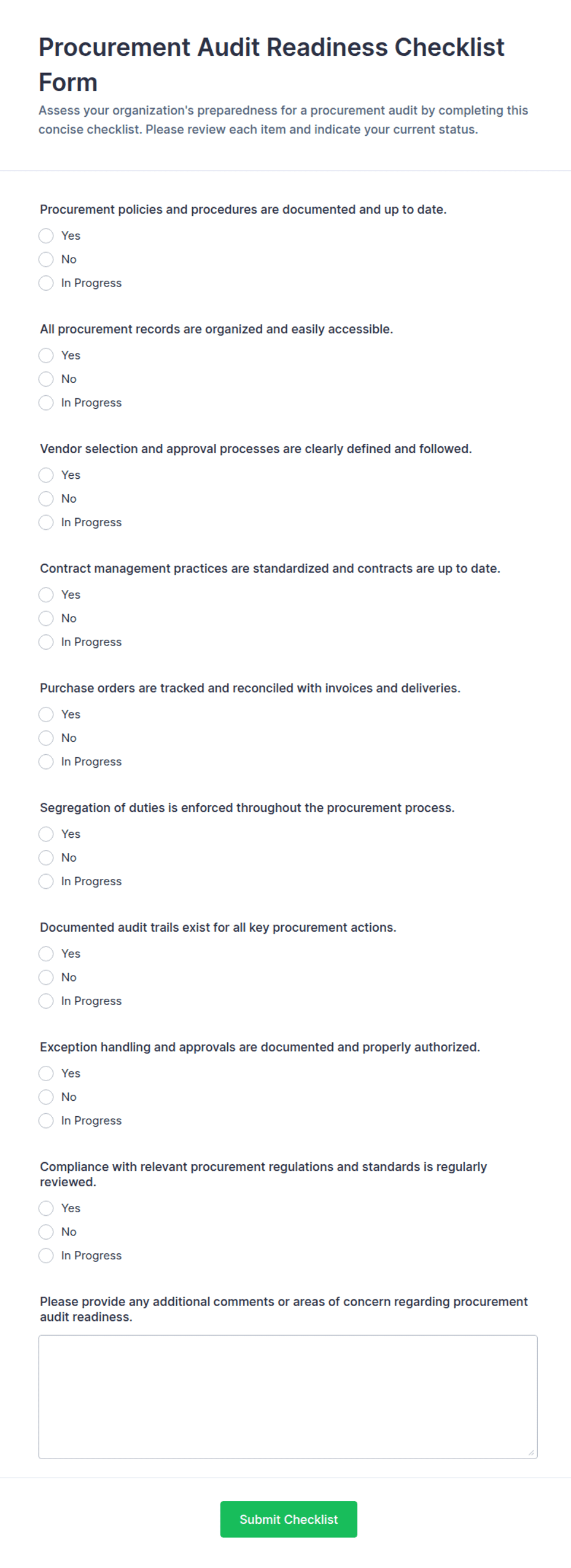 Procurement Audit Readiness Checklist Form Template | Jotform