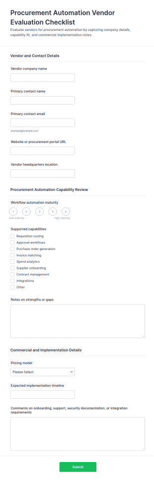 Procurement Automation Vendor Evaluation Checklist Form Template