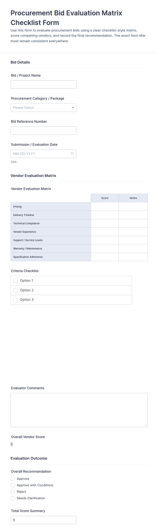 Procurement Bid Evaluation Matrix Checklist Form Template