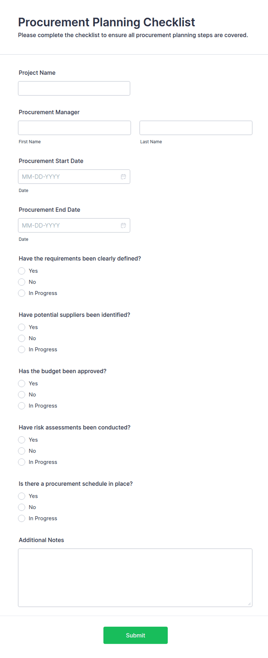 Procurement Planning Checklist Form Template | Jotform