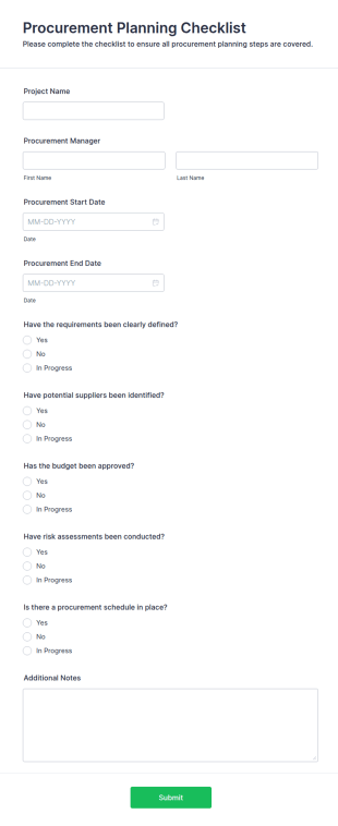 Procurement Planning Checklist Form Template