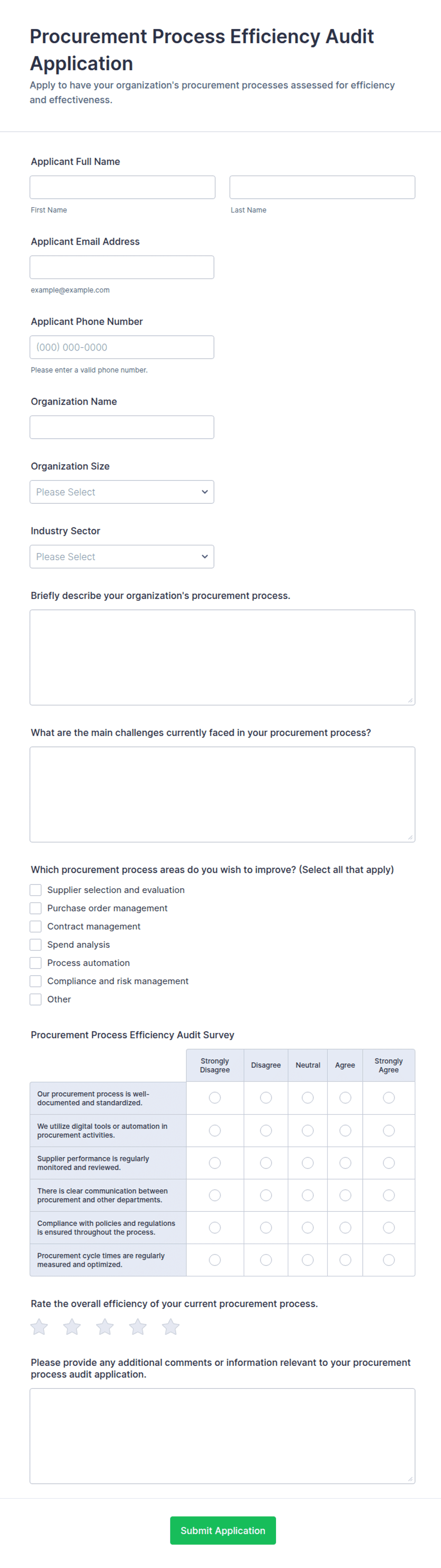 Procurement Process Efficiency Audit Application Form Template | Jotform