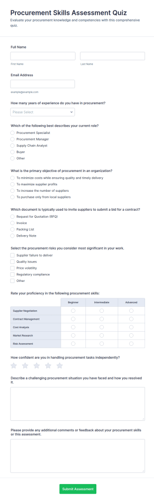 Procurement Skills Assessment Quiz Form Template