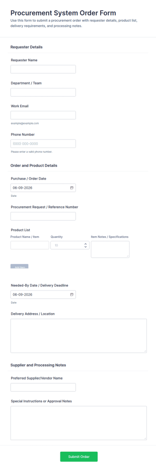 Procurement System Order Form Template