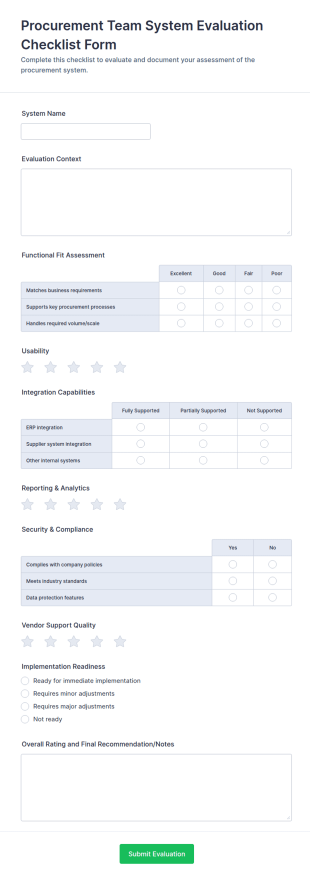 Procurement Team System Evaluation Checklist Form Template