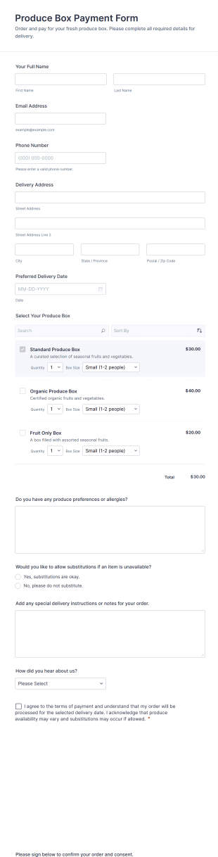 Produce Box Payment Form Template