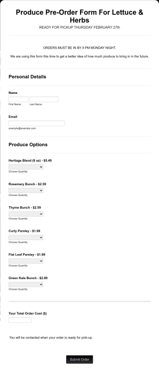 Produce Pre Order Form Template