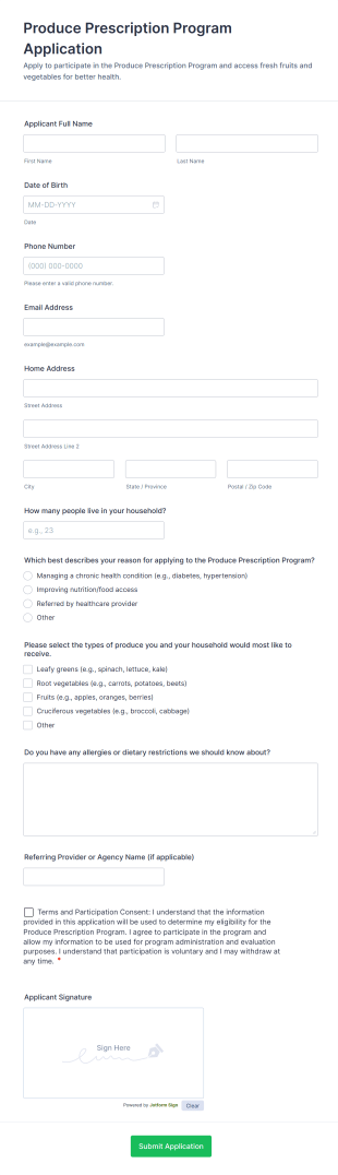 Produce Prescription Program Application Form Template