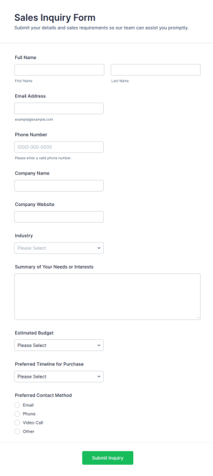 Produce Sales Inquiry Form Template
