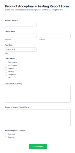 Product Acceptance Testing Report Form Template