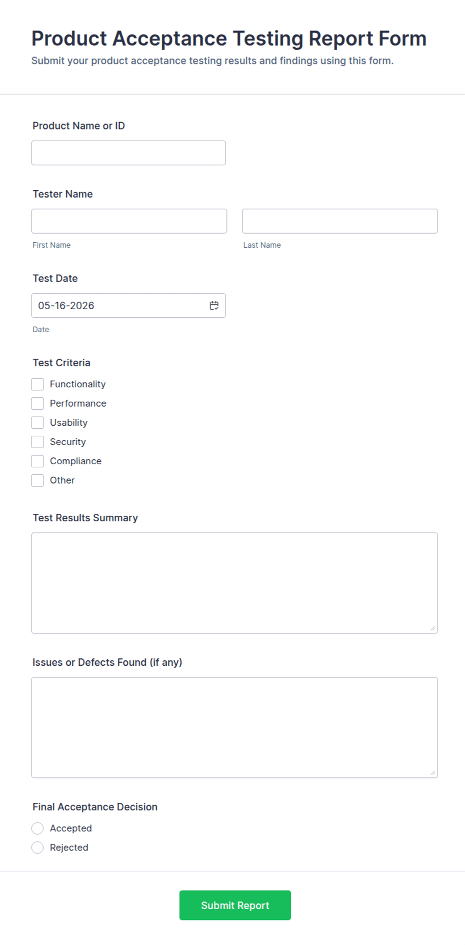 App Testing Form Product Acceptance Testing Report Form Template | Jotform