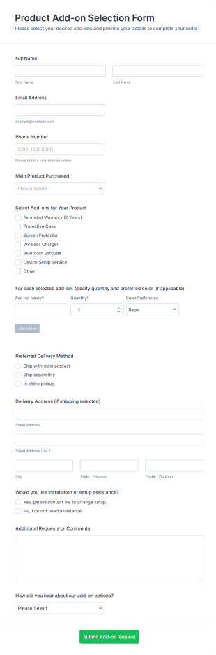 Product Add On Selection Form Template