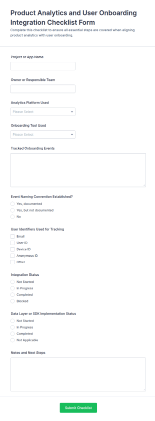 Product Analytics And User Onboarding Integration Checklist Form Template