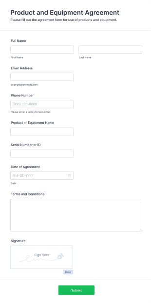 Product And Equipment Agreement Form Template