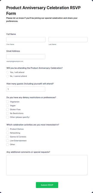 Product Anniversary Celebration RSVP Form Template